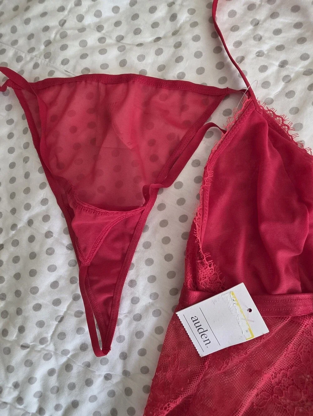 Auden Cherry Red Sheer Lace Baby Doll Mini & Thong Lingerie Set Size L